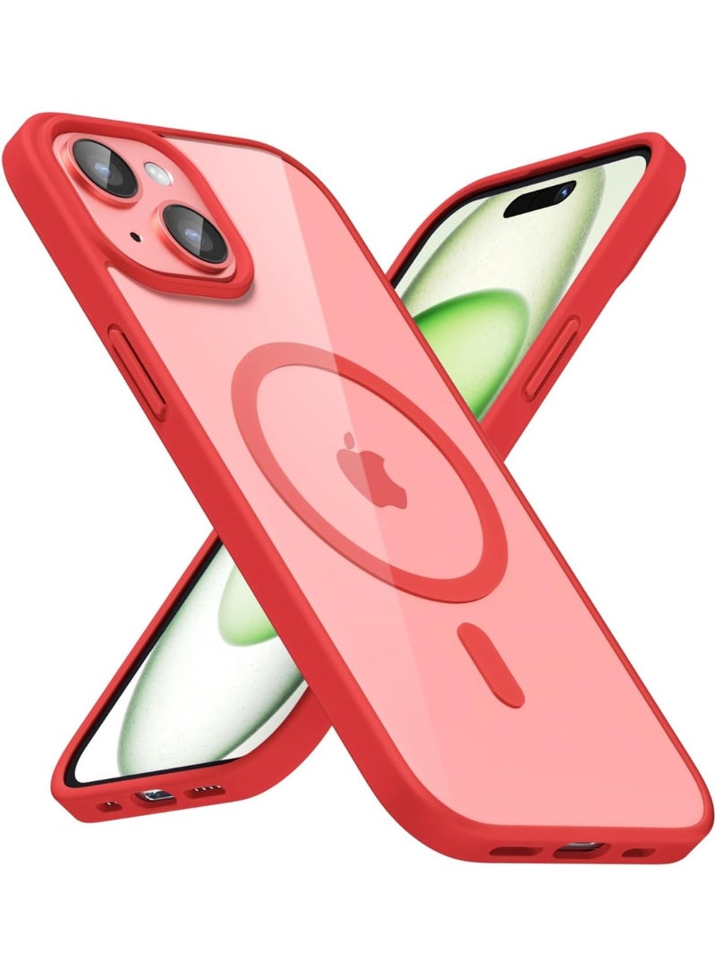 جراب مغناطيسي شفاف لهاتف آيفون 15 [مقاوم للصدمات ونحيف] غطاء خلفي صلب شفاف مع حماية عالية الجودة | أحمر